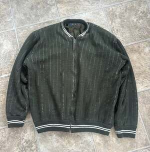 Vintage Bagazio Olive Green Full Zip Knit Bomber Jacket with Vertical Stripes